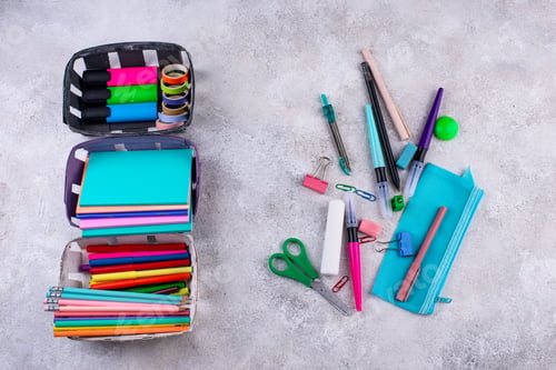 Preview: Decluttering concept. Stationery organization on work desk