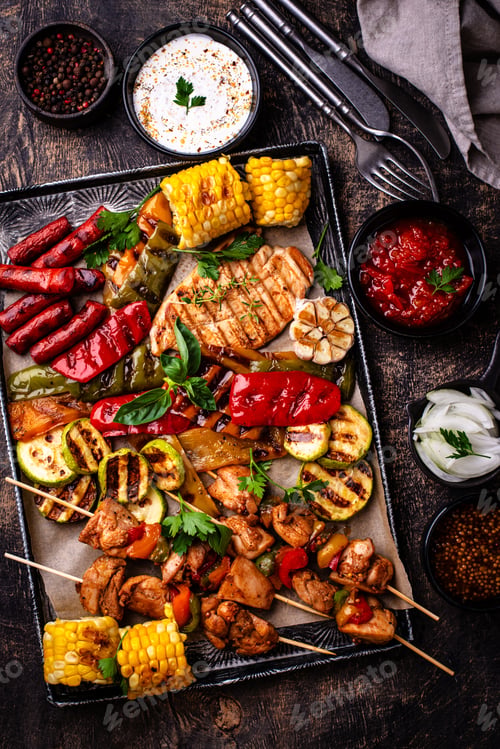 Preview: Assortment of grilled bbq meat and vegetables