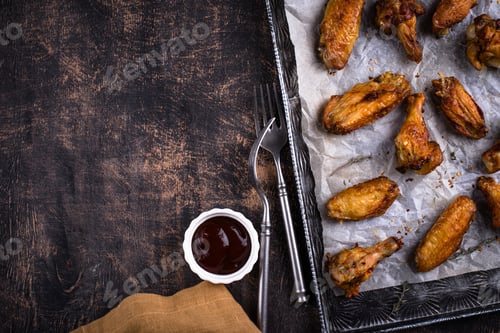 Preview: Roasted chicken wings on dark background