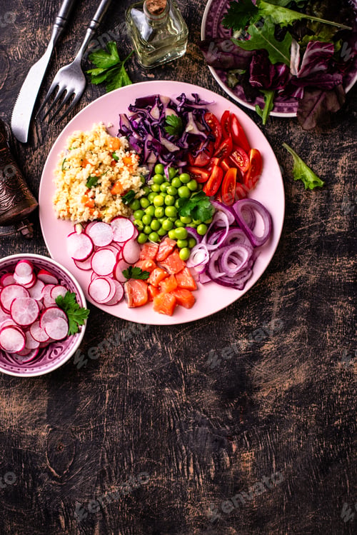 Preview: Balanced healthy bowl with vegetables and salmon
