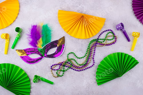 Preview: Vibrant Mardi Gras background with mask, beads, and festive decorations