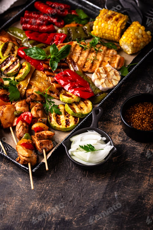 Preview: Assortment of grilled bbq meat and vegetables