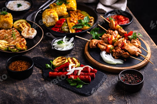 Preview: Assortment of grilled bbq meat and vegetables