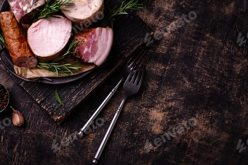 Preview: Different meat, sausages, ham and smoked pork
