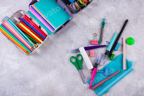 Preview: Decluttering concept. Stationery organization on work desk