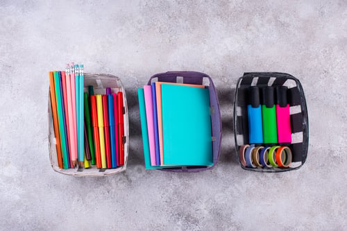 Preview: Decluttering concept. Stationery organization on work desk