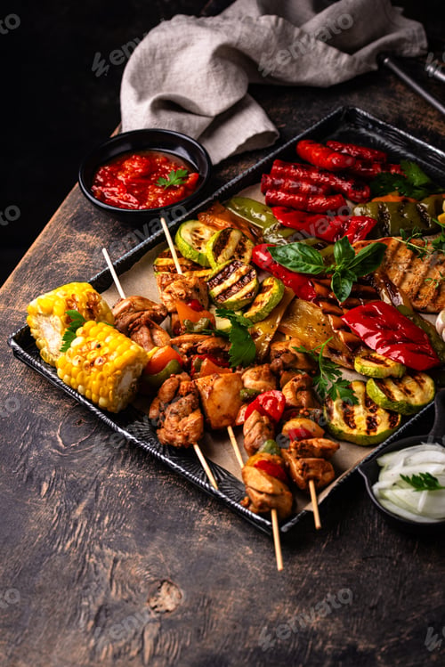 Preview: Assortment of grilled bbq meat and vegetables