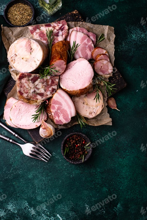 Preview: Different meat, sausages, ham and smoked pork