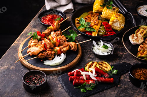 Preview: Assortment of grilled bbq meat and vegetables