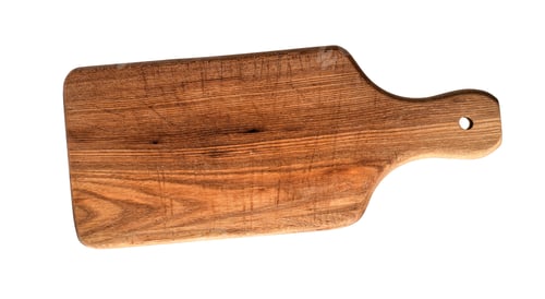 Preview: Top view rustic wooden cutting board isolated on white
