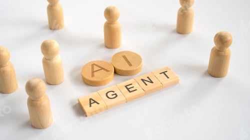 Preview: AI Agent text on wooden blocks with human figures representing artificial intelligence automation an