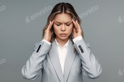Preview: Businesswoman rubber temples suffering from headache or pain from frustration and stress at work
