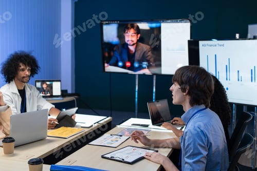 Preview: Business team analyzing AI financial trends during a video conference
