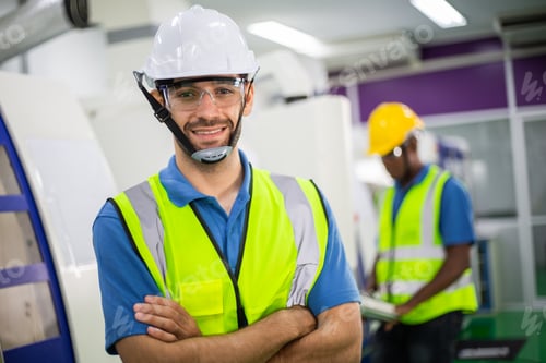 Preview: Portrait of smiling male engineer foreman in the modern factory
