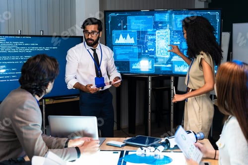 Preview: Team analyze AI data on screen at the meeting