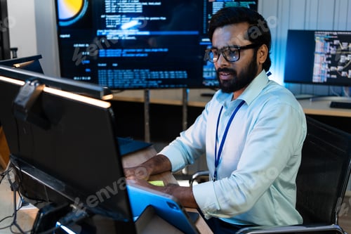 Preview: Indian software developer programming code on computer