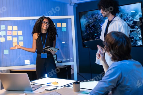 Preview: Female project manager presenting and explaining work to team at the meeting