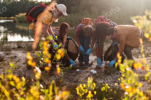 Preview: Volunteers cleaning natural environment from plastic waste near lake