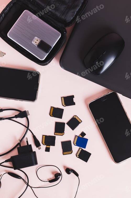 Preview: A freelancer's desktop tech gadget set top and vertical view