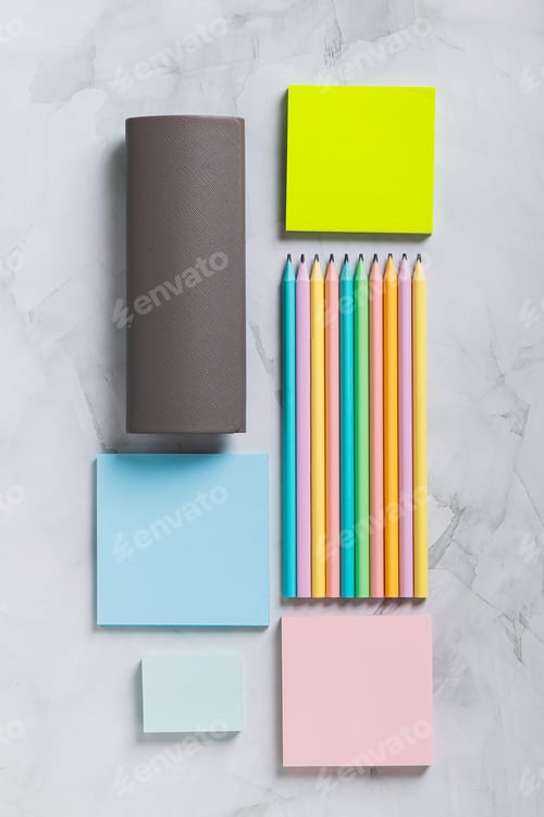 Preview: Colorful desk with stationery in trinket design style top and vertical view