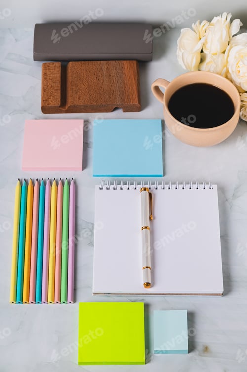 Preview: Colorful desk with stationery in trinket design style vertical view