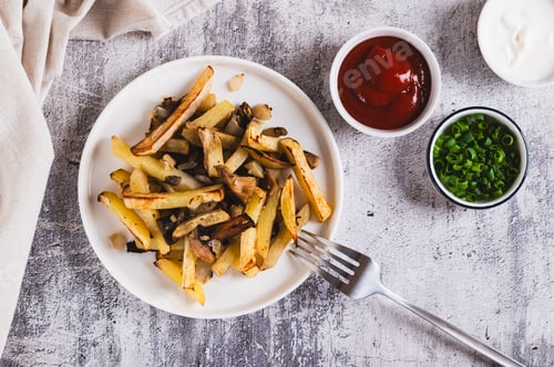 Preview: Delicious French fries with mushrooms on a plate on the table top view