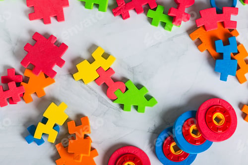 Preview: Colorful puzzle pieces for children's tabletop game top view