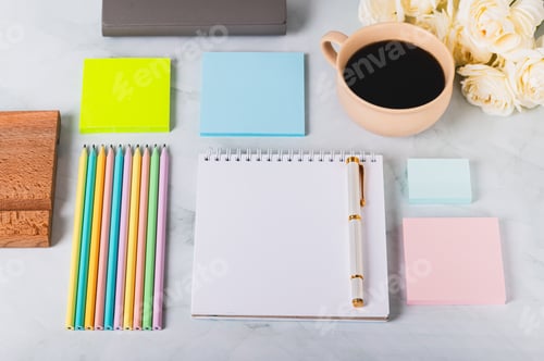 Preview: Colorful desk with stationery in trinket design style