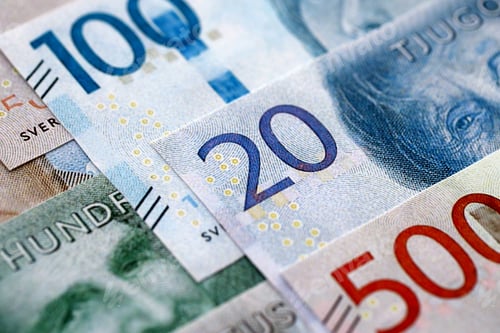 Vista previa: Swedish krona paper banknotes pile on table. Sweden SEK currency money bills in big amount