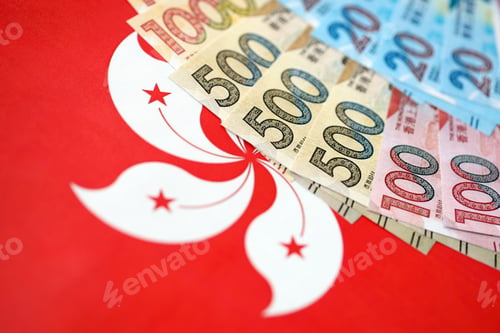 Preview: Big pile of Hong Kong dollars money bills banknotes on red flag. Money of Chinese HKD currency