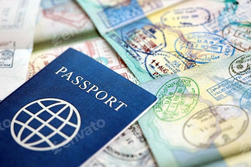 Preview: Many open passport pages with lots of visas and entrance stamps from various countries