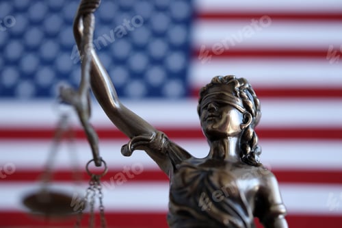 Preview: Law and Justice in United States of America, statue of Lady Justice with USA flag in background