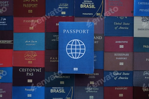 Preview: Fictional passport book travel document on big amount of real passport covers