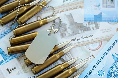 Preview: United Arab Emirates dirham currency money bills and rifle bullets with dogtag. The concept of warfa