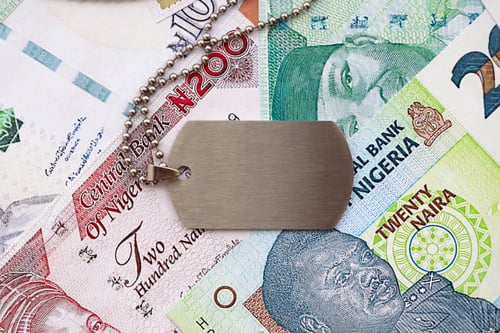 Preview: Nigerian naira currency money bills and military token. The concept of army service