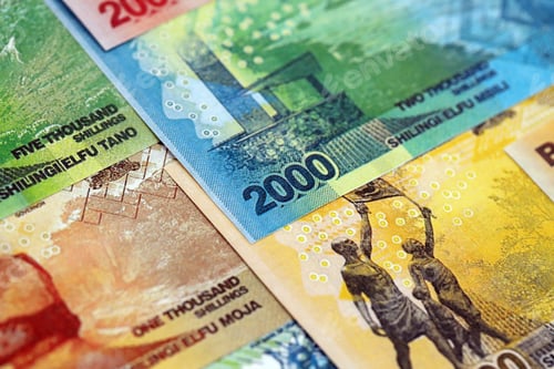Preview: Ugandan shilling paper banknotes pile on table. Uganda UGX currency money bills in big amount