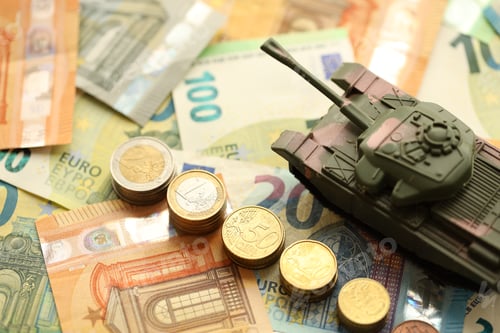 Preview: Many euro banknotes and tank. Lot of bills of European union currency and green tank