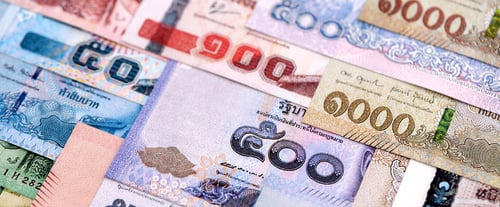 Preview: Thai Baht currency money bills. THB currency banknotes in pile