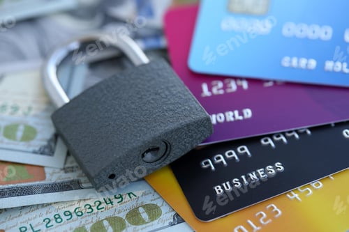 Preview: One hundred US dollar bill banknotes and credit cards with padlock. Concept of security