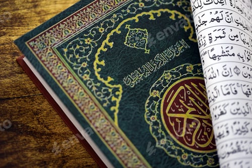Preview: Al Quran Muslim holy book on table in mosque. Details of arabic calligraphy on islamic book cover
