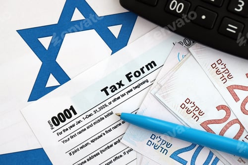 Preview: Israel new shekels money with calculator and tax form on flag. The current Israel money and blank