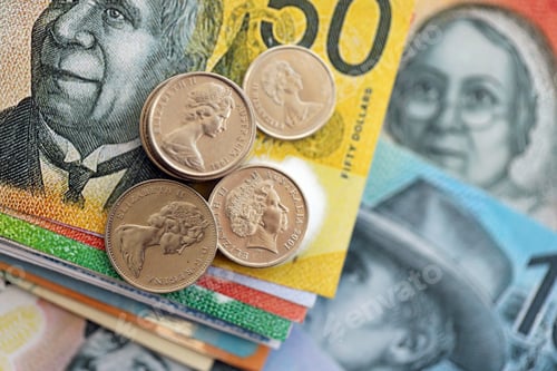 Preview: Australian dollar money bills and cent coins pile. Australia coins on banknotes of AUD currency