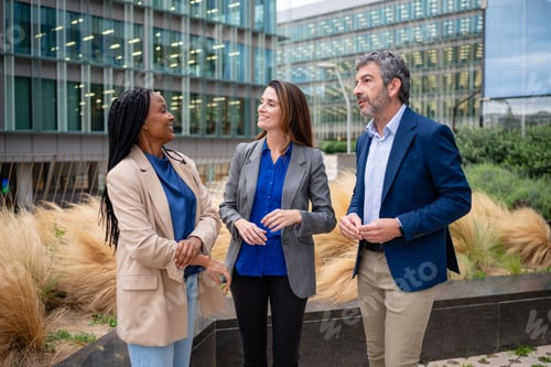 Preview: Diverse business professionals having informal meeting outdoors