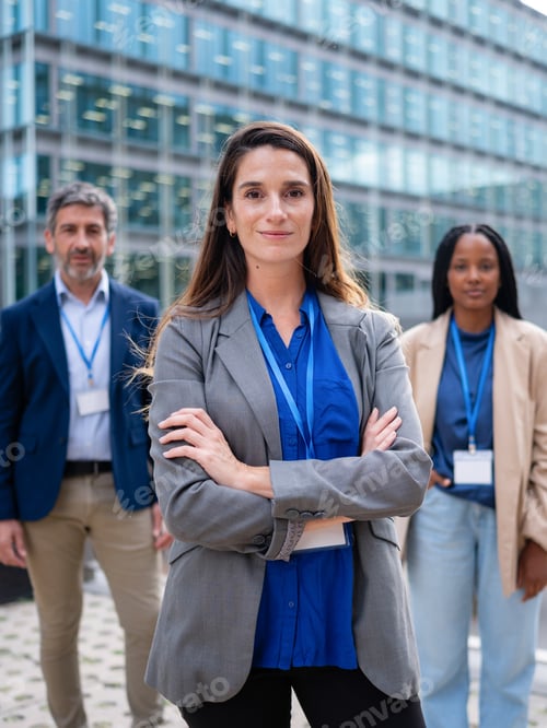 Preview: Confident business woman leading diverse professional team outdoors