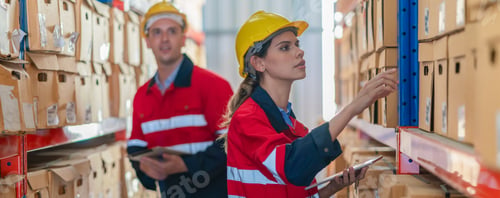 Preview: Warehouse worker working in warehouse storage. Foreman or worker work at factory site check up produ