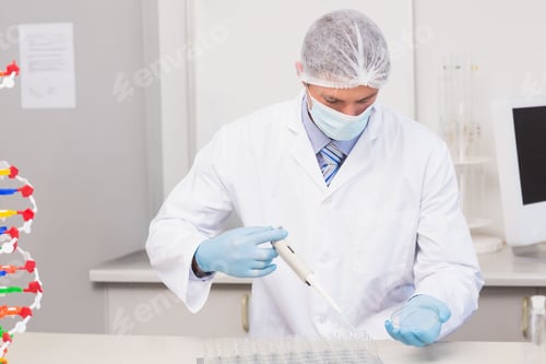Preview: Male wearing lab coat and blue gloves, pipetting into 96-well plate near DNA model