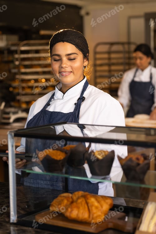 Preview: Female bakers in chef coats arranging croissant and muffins in glass case at bakery counter