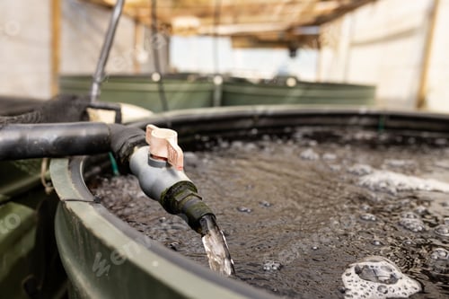 Preview: Ball valve and hose are pouring clear water into green tank in production shed, forming bubbles
