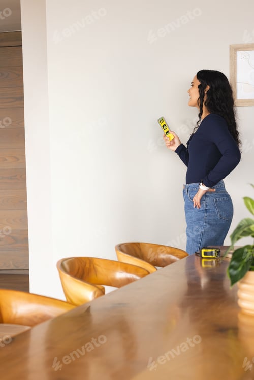 Preview: Adult woman using yellow level checking wall alignment in dining room in jeans, copy space