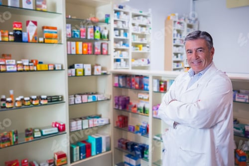 Preview: Male pharmacist standing with arms crossed at pharmacy counter by glass shelves, copy space